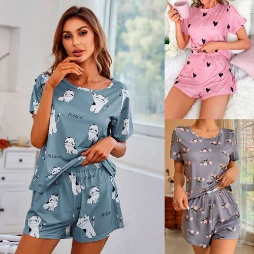 Pijama Blusa Manga Curta Short Com Elástico Feminino Estampado Atacado para Revenda