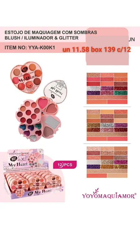 Estojo de Maquiagem com Sombras Blush / Iluminador & Glitter In - YO YO - Maquiagem Atacado Revenda