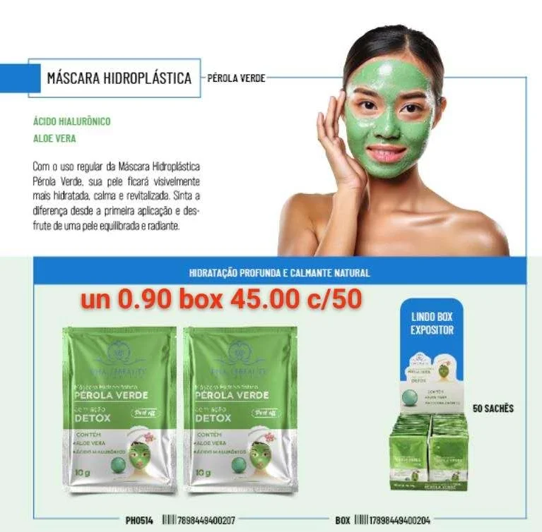 1 Mascara Hidroplastica Pero Vee R- F Ren & Acido Hialurbnico H=4 Y Alde Vera ¥ Eo 00m 0 Uso Regu da Wiscara Hopkstica Pérola Verde. Sua Pele Ficard Visivelmente Mais Hidratada, Caima e Revitalzade. Sinta a Dferenga Desde a Primeia Aplcaco e Es Frute de Uma Pl Equiva Radante. —— ~ Hidratagao Profunda e Calmante Natural - PHÁLLEBEAUTY - Maquiagem Atacado Revenda