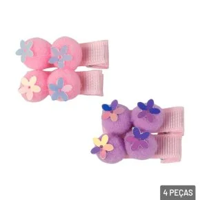Presilha de Cabelo Metal 4 Peças Pompom e Flor Atacado