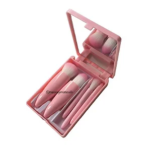 Kit 05 Mini Pincéis com Case e Espelho Rosa QBM806 Atacado para Revenda