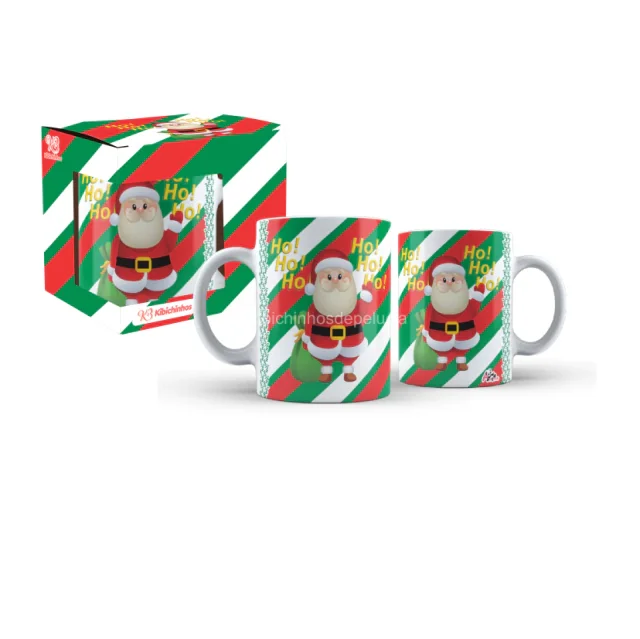 Caneca Porcelana Natal Com Caixa Estampada- Listrada ho ho ho Amarelo 325 ml Atacado