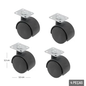 Rodízio de Plástico 2,5" 4 Pçs para Cadeira Preto Atacado