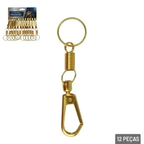 Chaveiro de Metal Mosquetão 11cm 12 Peças Dourado Atacado