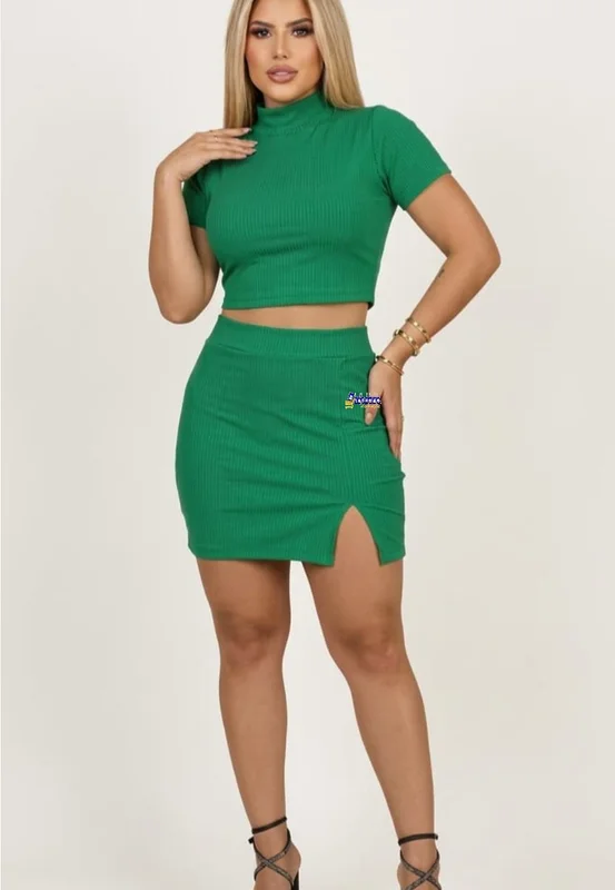 Conjunto Cropped e Saia Curta Canelado Atacado