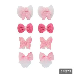 Presilha de Cabelo 8 Peças Formatos Sortidos Rosa Atacado