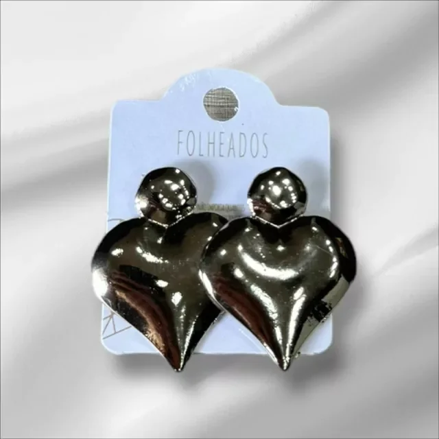 BRINCO FOLHEADO PRATA CORAÇÃO Atacado