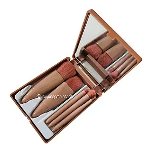 Kit 05 Mini Pincéis com Case e Espelho Marrom QBM805 Atacado para Revenda